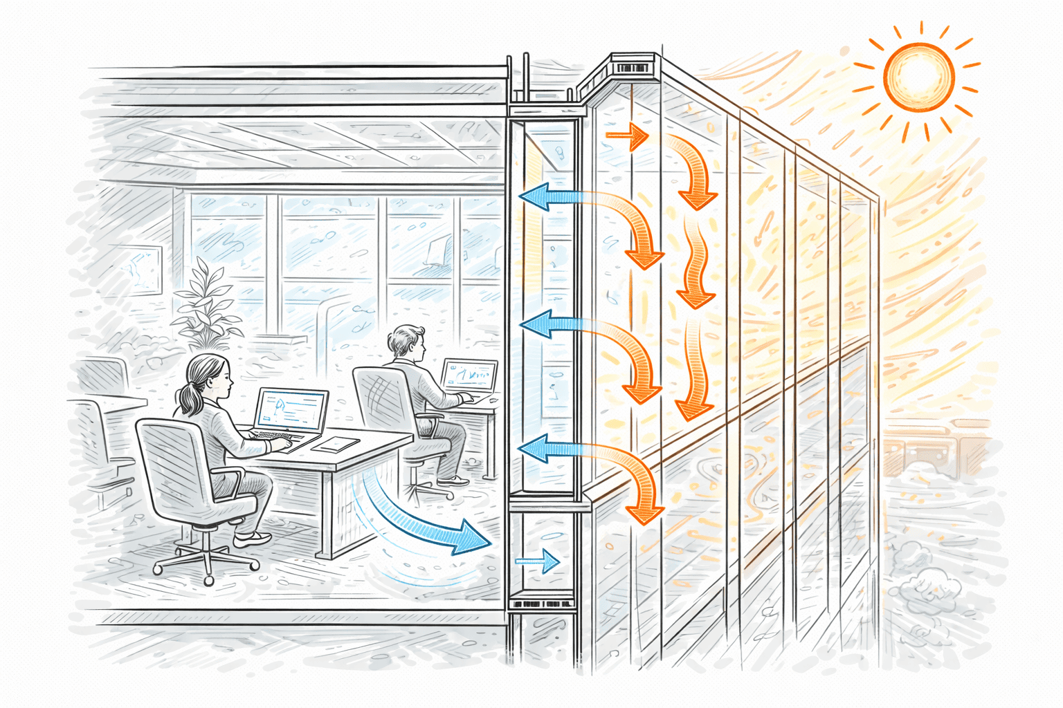 Double façade: airflow, temperature, g value