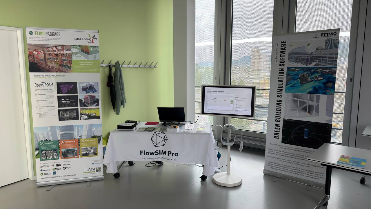 Exhibition stand with ETTViQ and FlowSIM Pro displays at BauSIM 2026